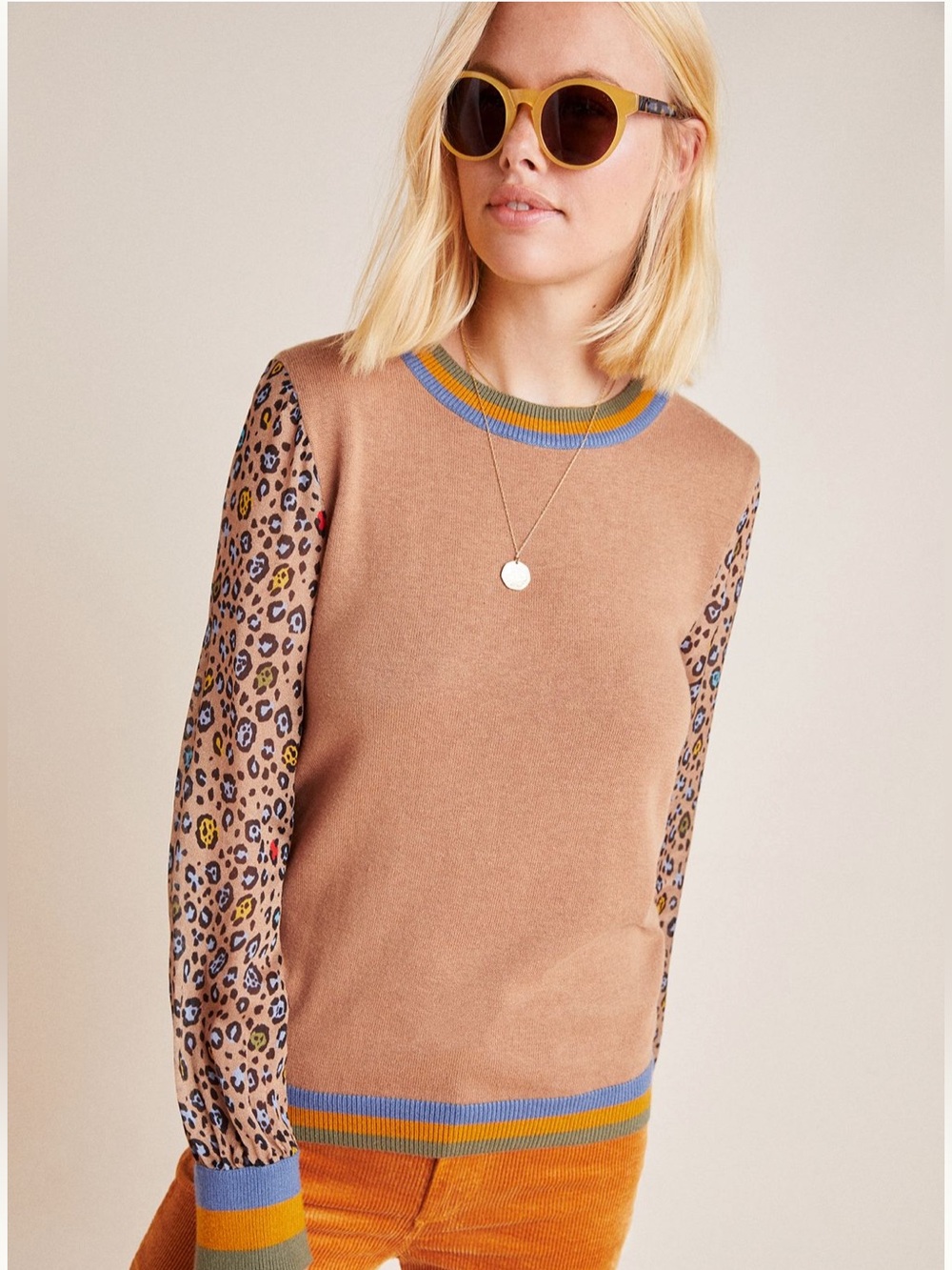 Anthropologie Celina Knit Pullover, Leopard Sleeve Crewneck with Trim